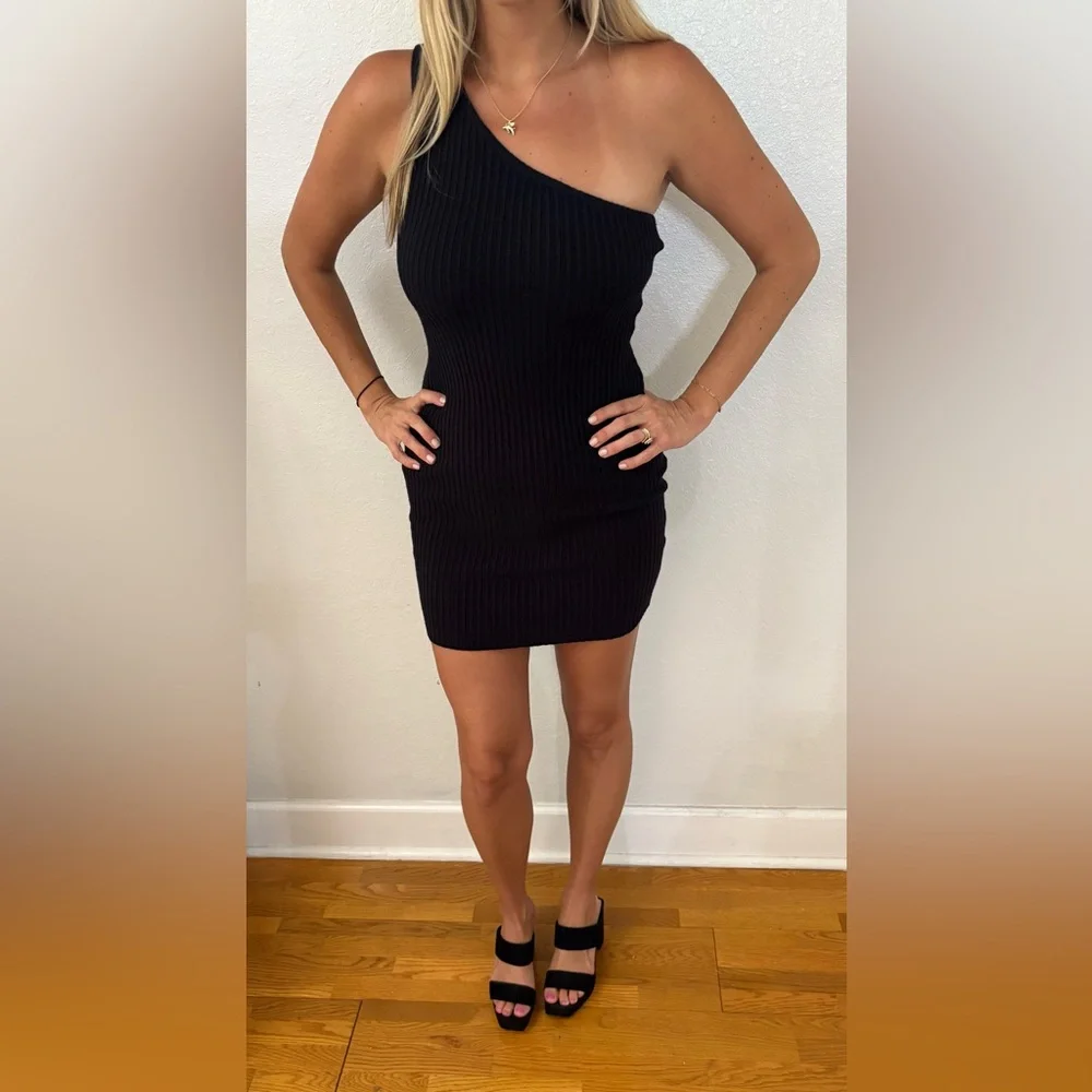 White Fox Black One-Shoulder Ribbed Mini Dress - Picture 1 of 6